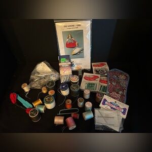 Vintage Sewing Lot Wood Thread Spools Buttons Pins Notions